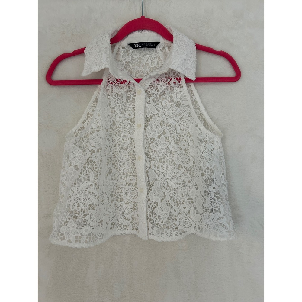 ZARA White Floral Lace Sleeveless Button Down Cropped Top Shirt XS